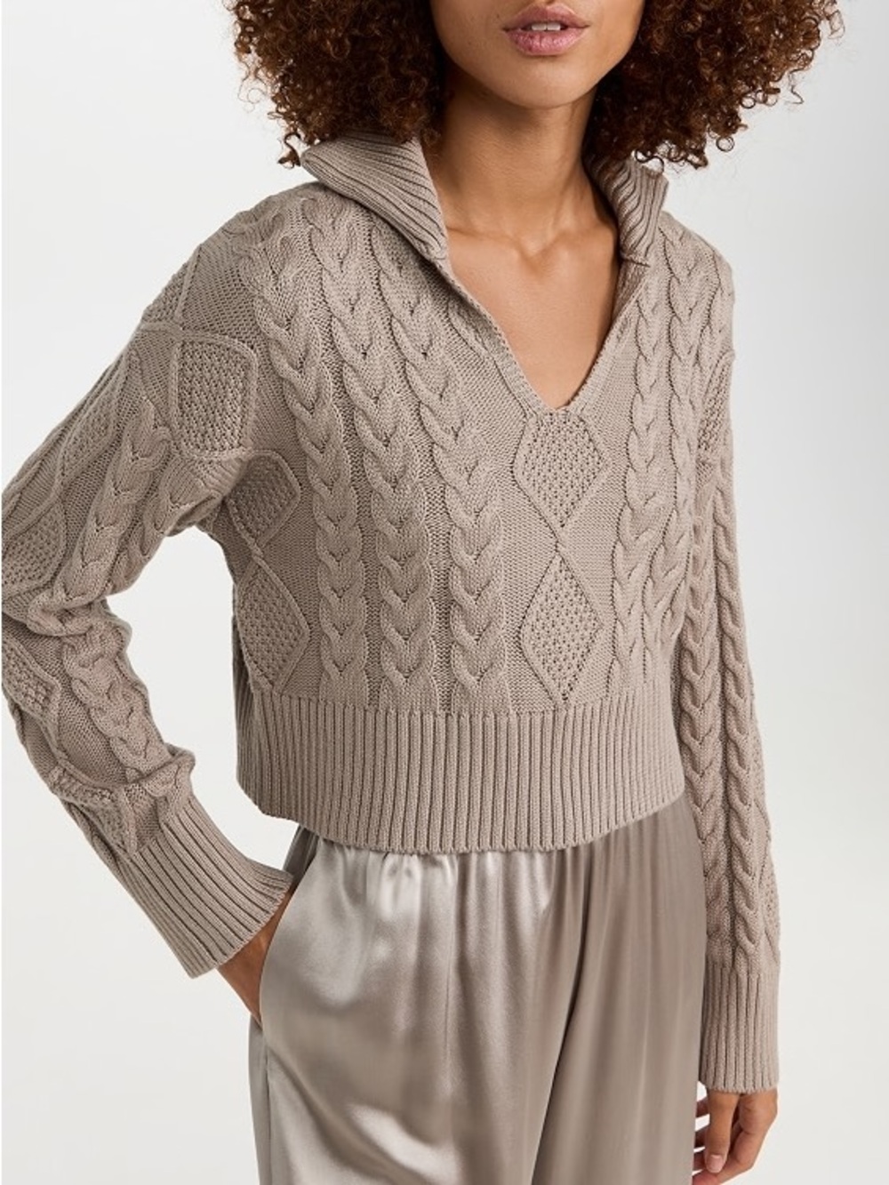 Sablyn Anaya Sweater Cable Knit Chunky Cropped Cotton Silk Cashmere Tan L